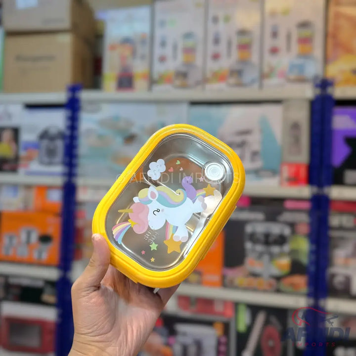 Yellow unicorn-themed stainless steel lunchbox.