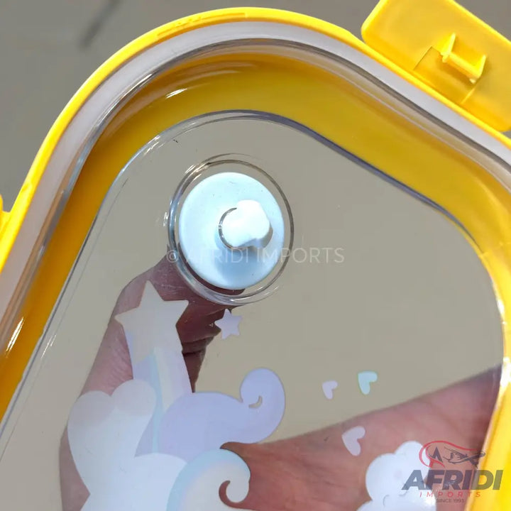 Yellow and transparent lunchbox with a white vent and cloud/star design.