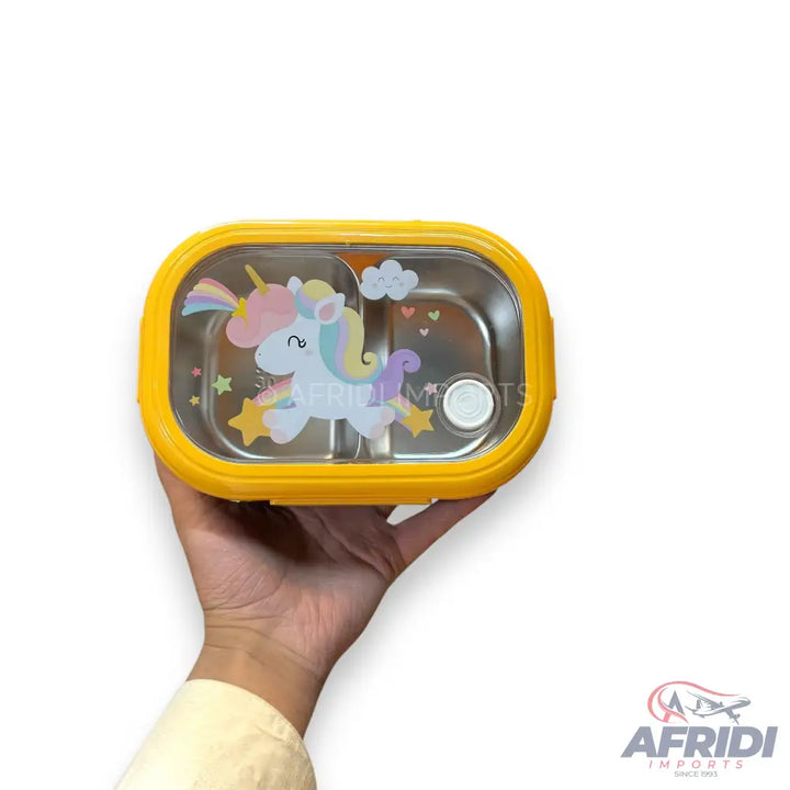 Yellow unicorn-themed stainless steel lunchbox with two compartments.