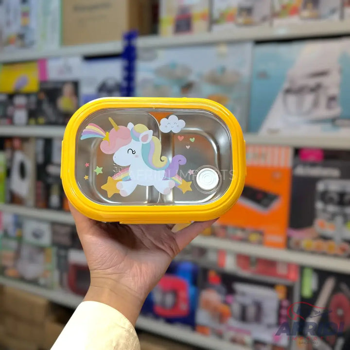 Yellow unicorn-themed stainless steel bento box with two compartments.