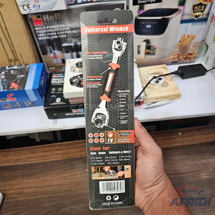 A universal wrench with different socket heads.