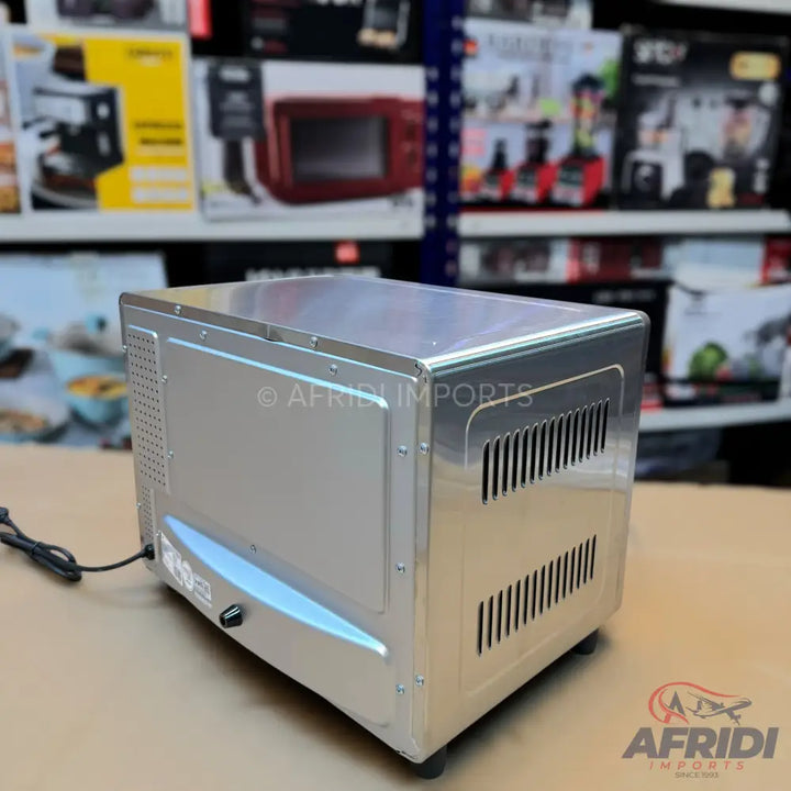A rectangular, silver-colored toaster oven with side vents.