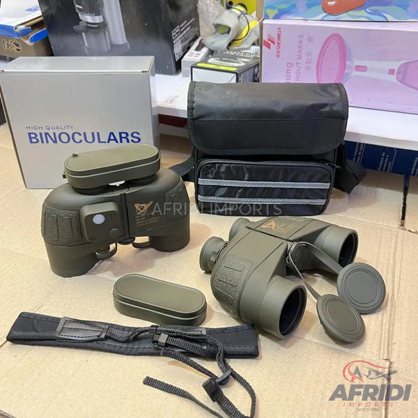 Two olive green pairs of binoculars with accessories.