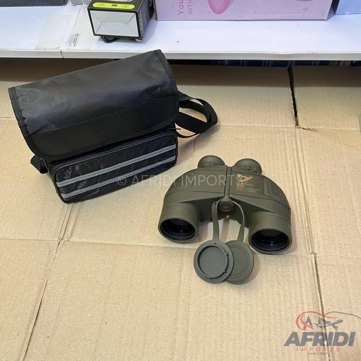 Olive green binoculars with a black carrying case.