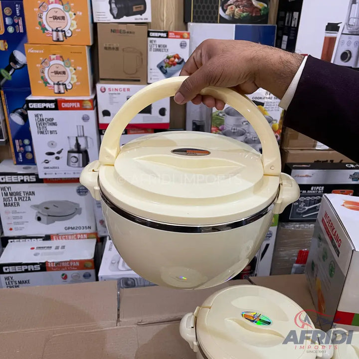 Cream-colored insulated food container with a handle.