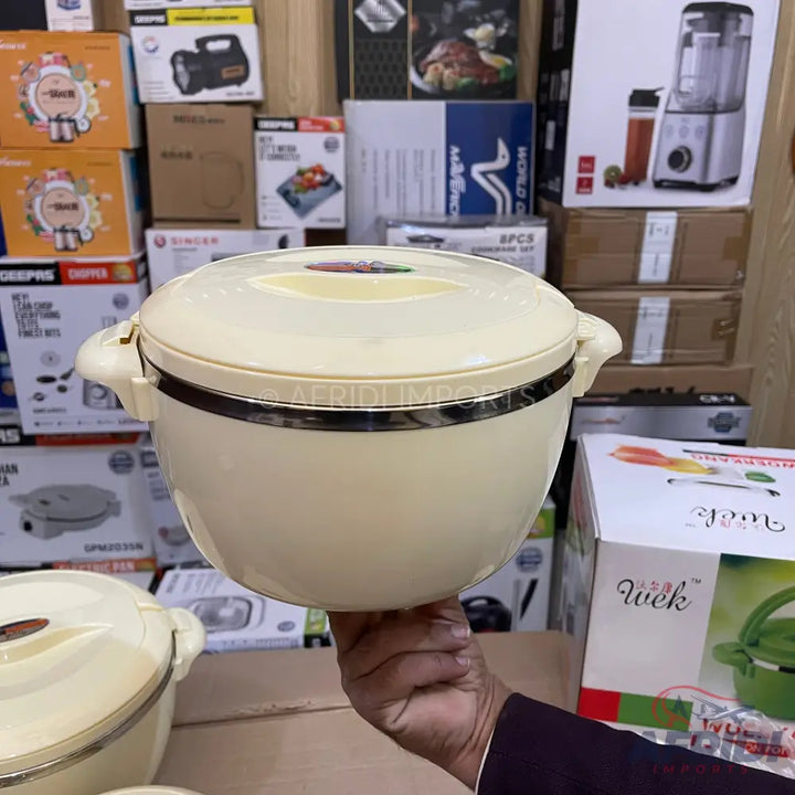 Cream-colored insulated food container with a lid and side handles.