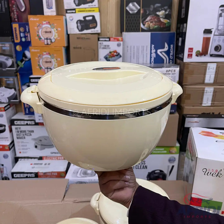 Cream-colored insulated food casserole with handles and a lid.