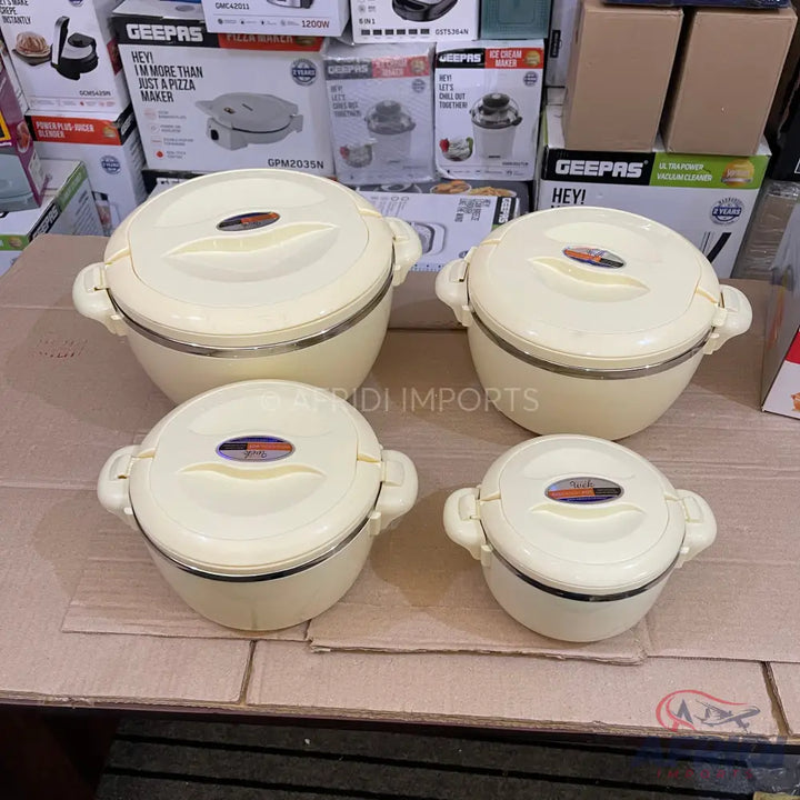 Four cream-colored insulated food warmers with lids and handles.
