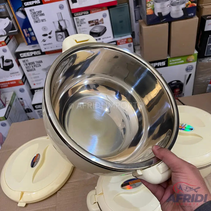 A cream-colored insulated food warmer with a stainless steel interior.