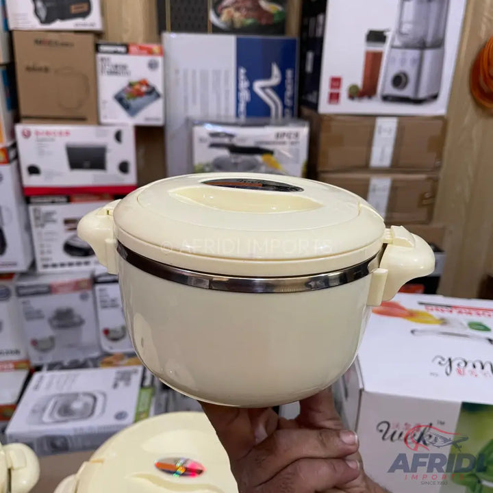 Cream-colored insulated food container with a stainless steel rim.