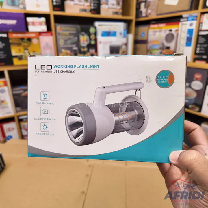 LED working flashlight with Type-C charging, durable endurance, and ambient lighting, featuring two light modes for high power and flood.