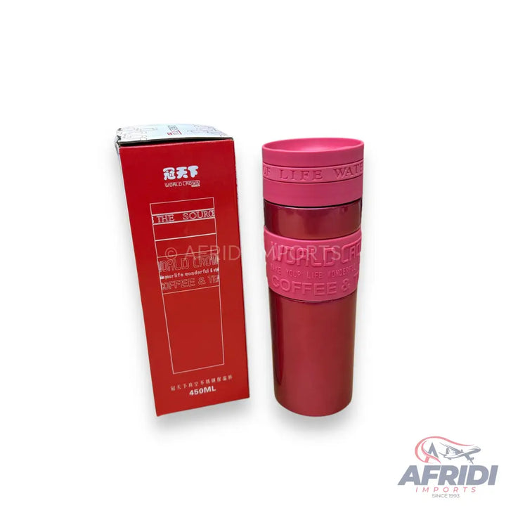 A red insulated travel mug with a matching box.