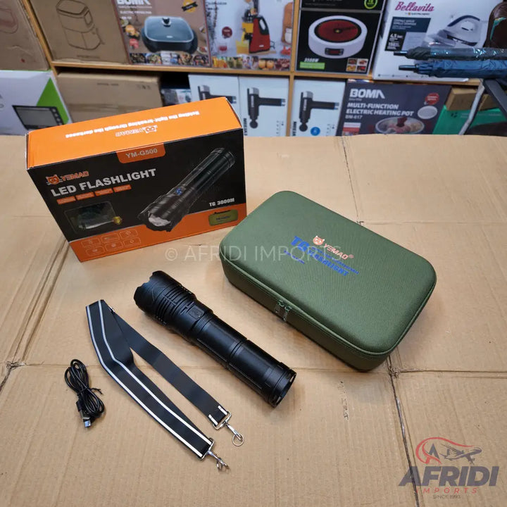 Black LED flashlight with a carrying case and strap.