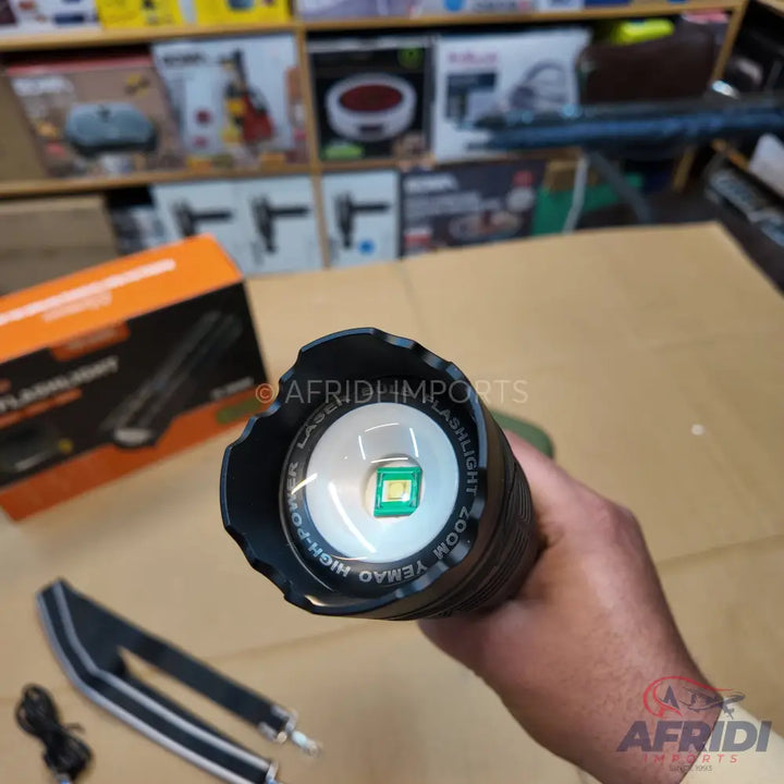 Black, high-power, zoomable LED flashlight.