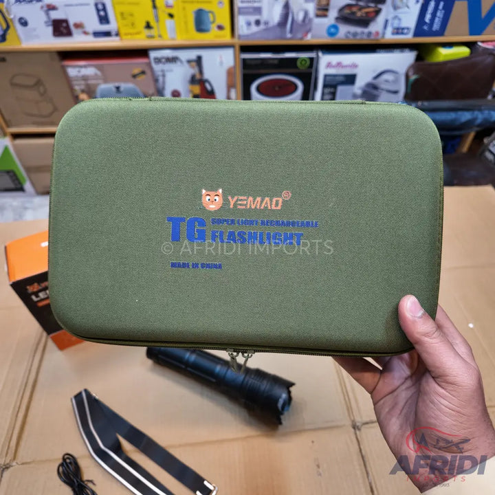 Olive green zippered carrying case for a flashlight.
