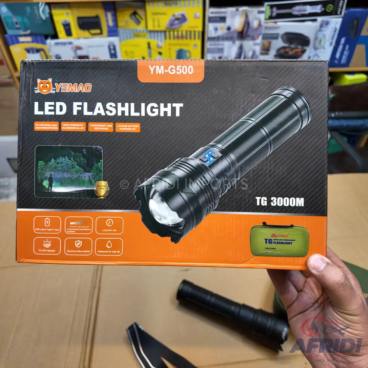 Packaged LED flashlight with a long-range beam and multiple features.