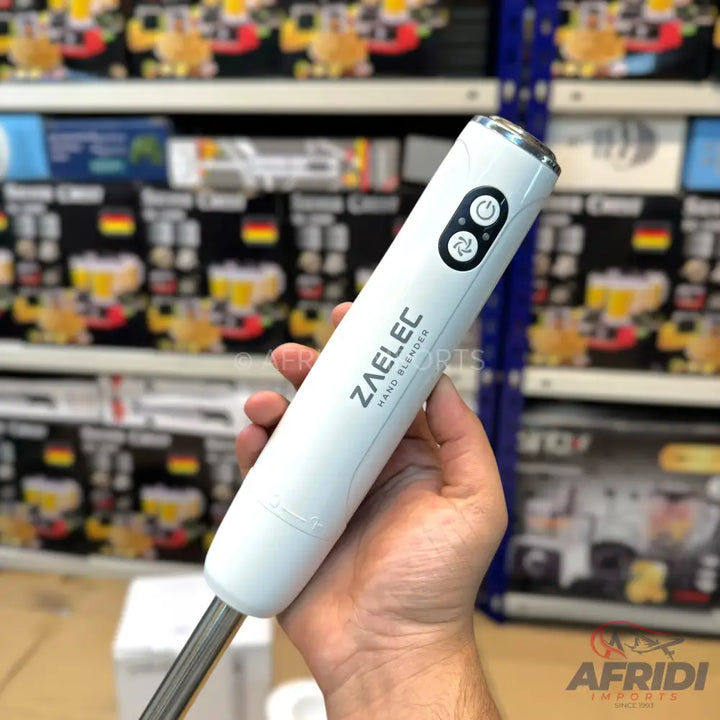 White handheld immersion blender with power and speed control buttons.