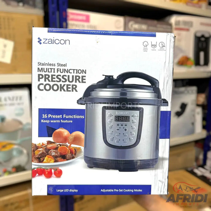 Silver stainless steel multi-function pressure cooker with 16 preset functions and a large LED display.
