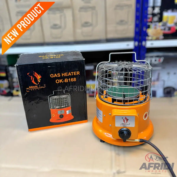 Orange gas heater with a metal grill and a gas hose.