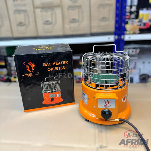Orange gas heater with a metal grill and a gas hose.