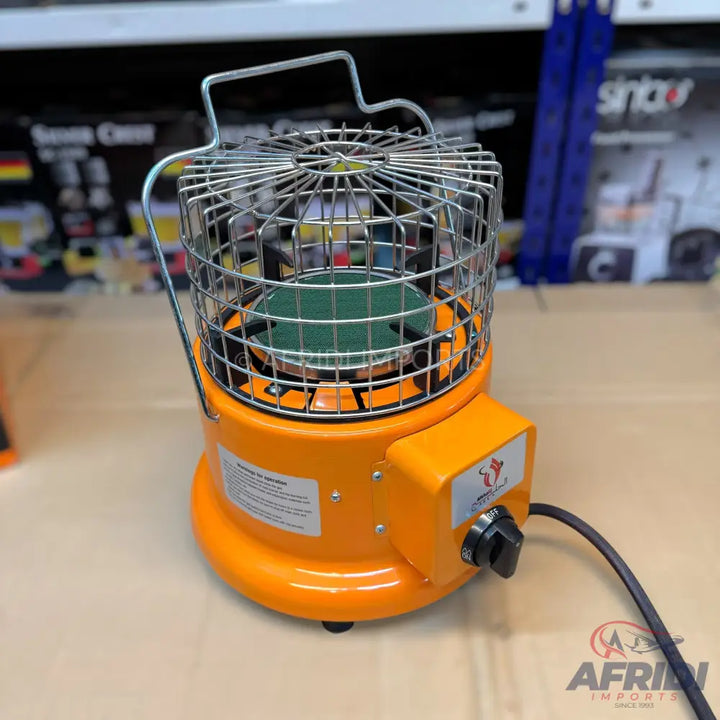 Orange portable gas heater with a metal safety cage.