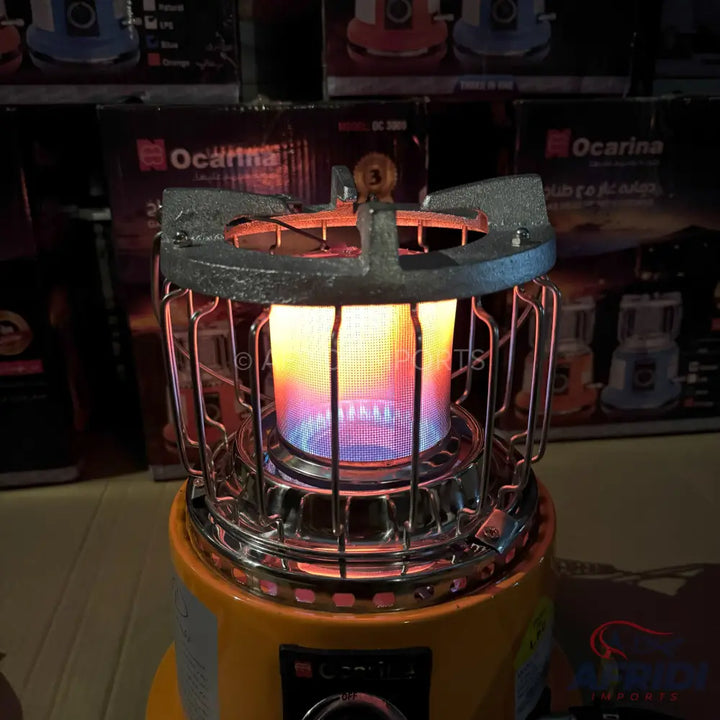 An active, lit portable gas heater with a colorful flame.