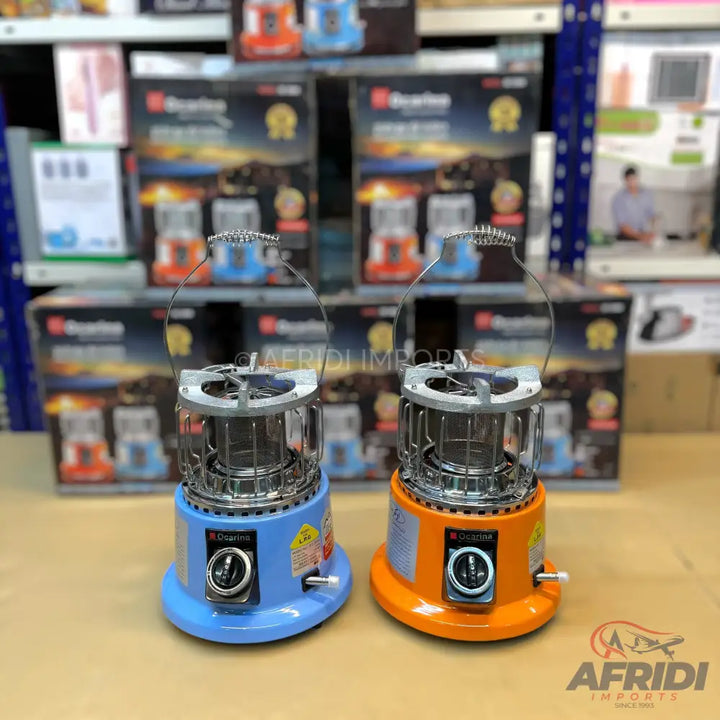 Two portable gas heaters, one blue and one orange, with carrying handles and control knobs.