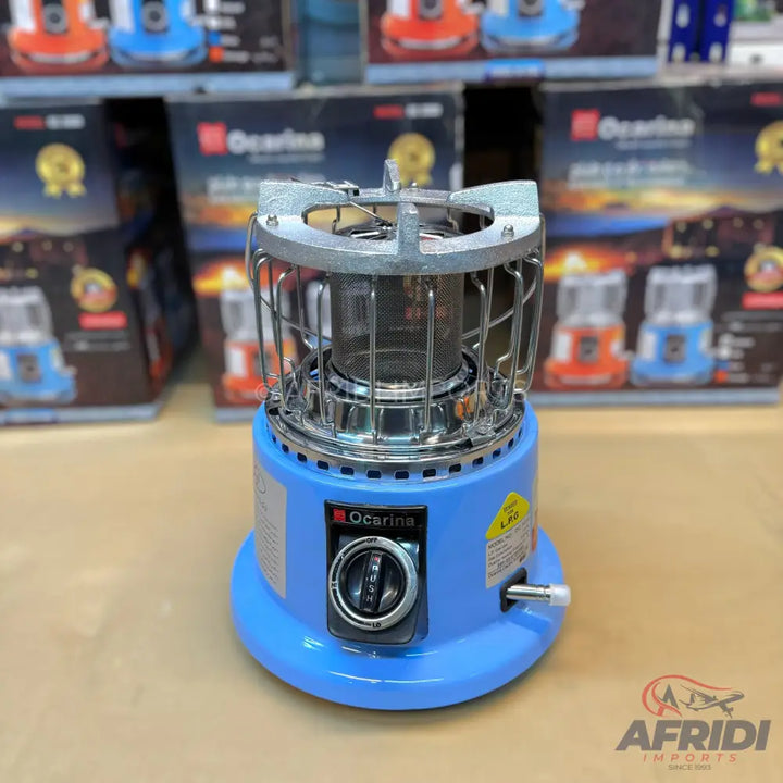A blue portable gas heater with a chrome safety cage.