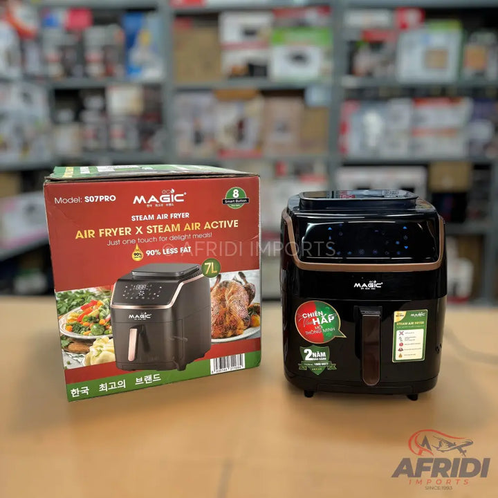 Black digital air fryer with steam function and 7L capacity.