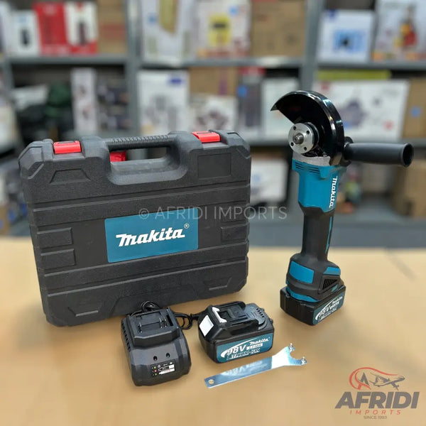 A cordless angle grinder kit with a carrying case, battery, and charger.