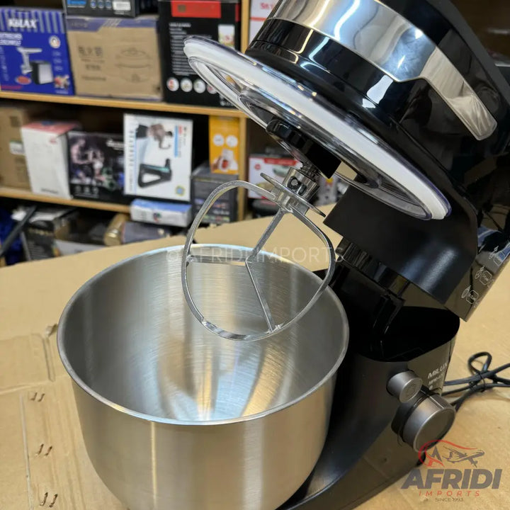 Black stand mixer with a stainless steel bowl and paddle attachment.