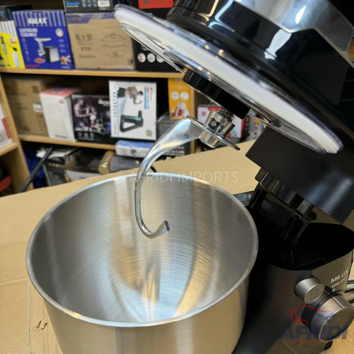 A black stand mixer with a stainless steel bowl and dough hook attachment.