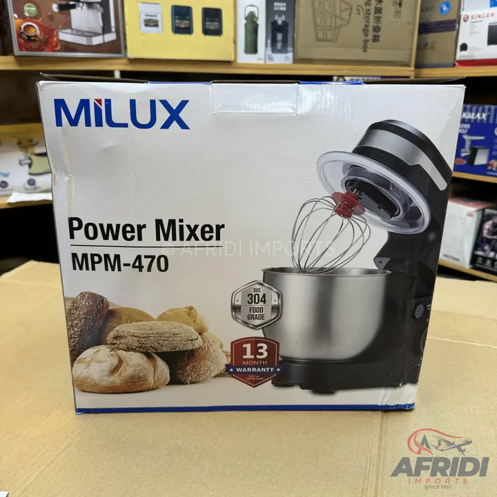 A Milux Power Mixer MPM-470 with a 304 food-grade stainless steel bowl and a 13-month warranty.