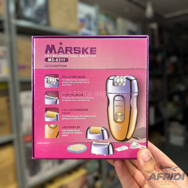 A 3-in-1 multifunctional beauty kit, including an epilating head, shaving head, and callus remover head, with an LED display.