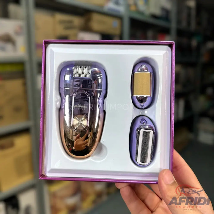 A purple and rose gold epilator set with interchangeable heads for hair removal and skin exfoliation.