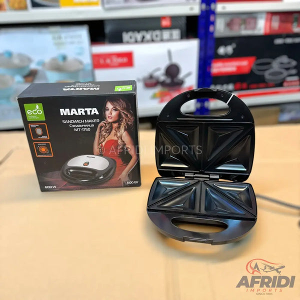 Black sandwich maker with non-stick triangular plates.