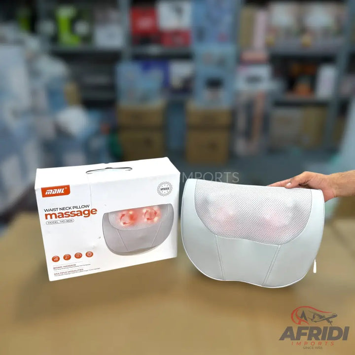 A white waist neck pillow massager with four red rotating massage nodes.