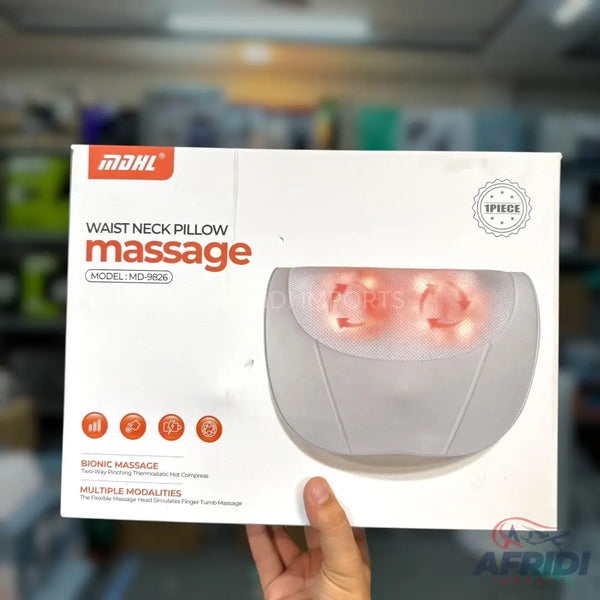 A white waist and neck massage pillow with a heating function.