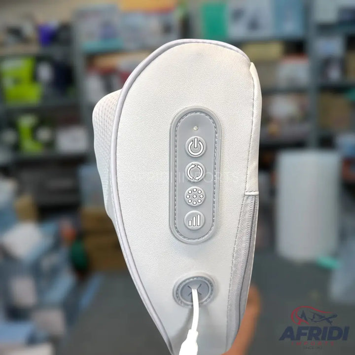 A white, U-shaped portable electric massager with an integrated control panel.