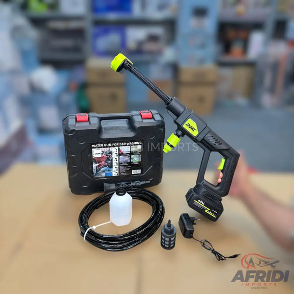 Portable cordless pressure washer with accessories.