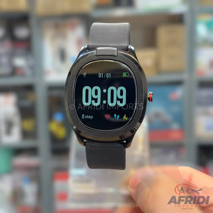 Black smartwatch with a digital display showing the time, date, battery level, step count, and various health icons.