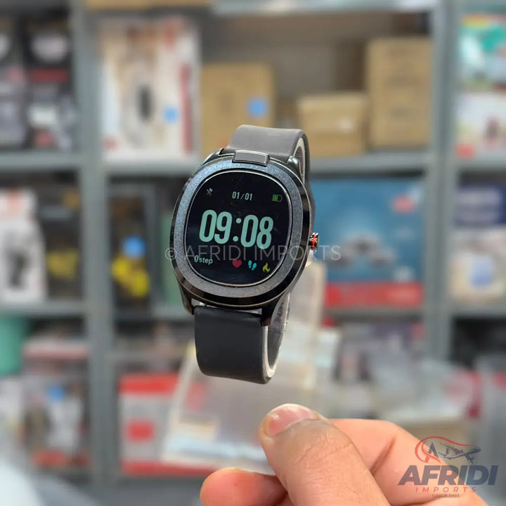 Black smart watch with a round display and a black strap.