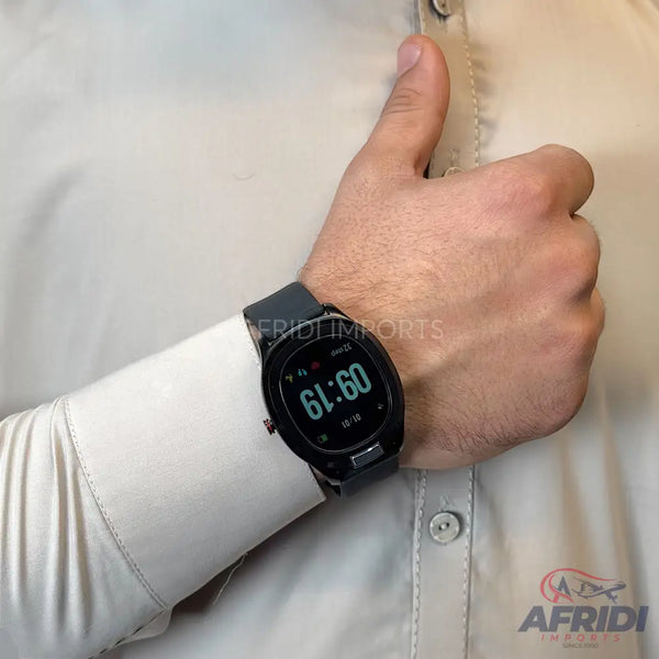 A black smart watch with a digital display showing the time.
