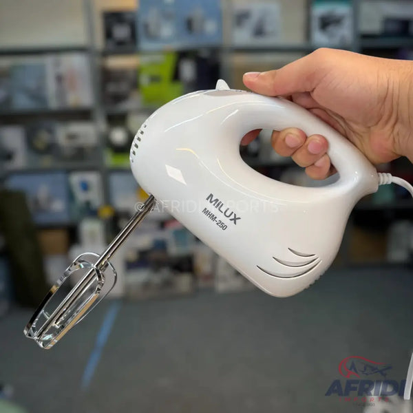 White handheld electric mixer with a single whisk attachment.