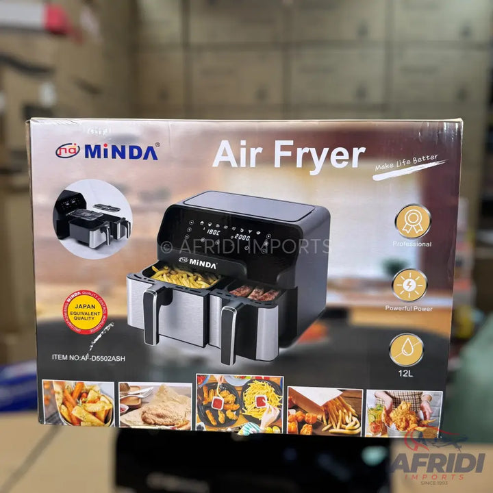 A dual-basket air fryer with a digital display and 12L capacity.