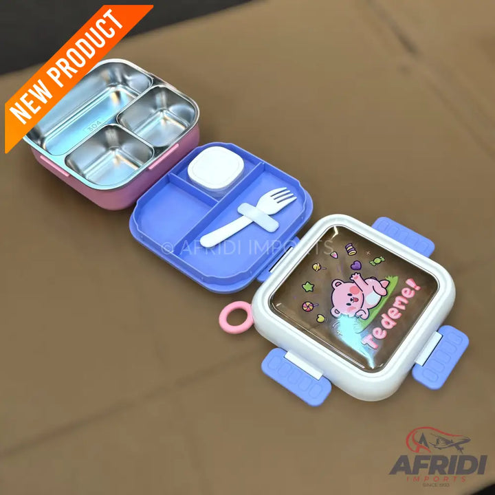 Multi-chamber Children Lunch Box - Blue clips & Pink Base (LF10-A)