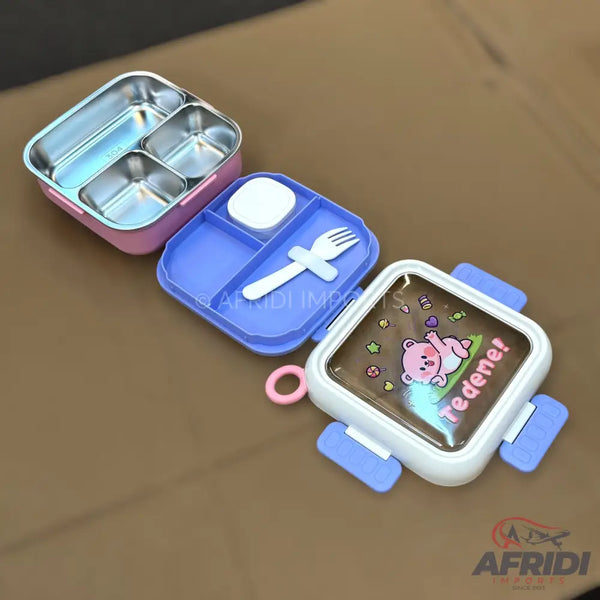 Multi-chamber Children Lunch Box - Blue clips & Pink Base (LF10-A)