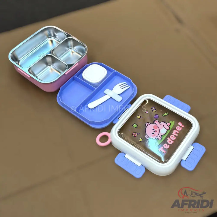 Multi-chamber Children Lunch Box - Blue clips & Pink Base (LF10-A)