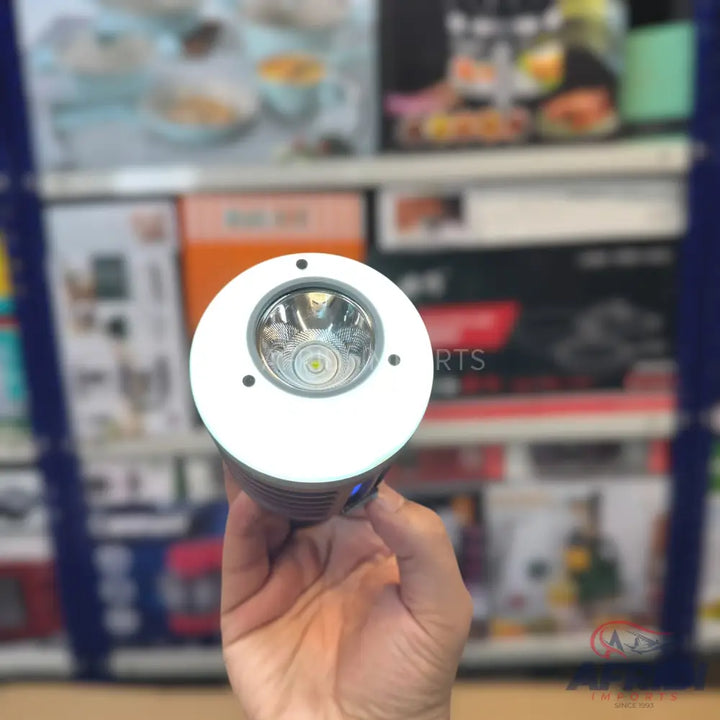 A handheld flashlight with a single, bright LED bulb and reflective housing.