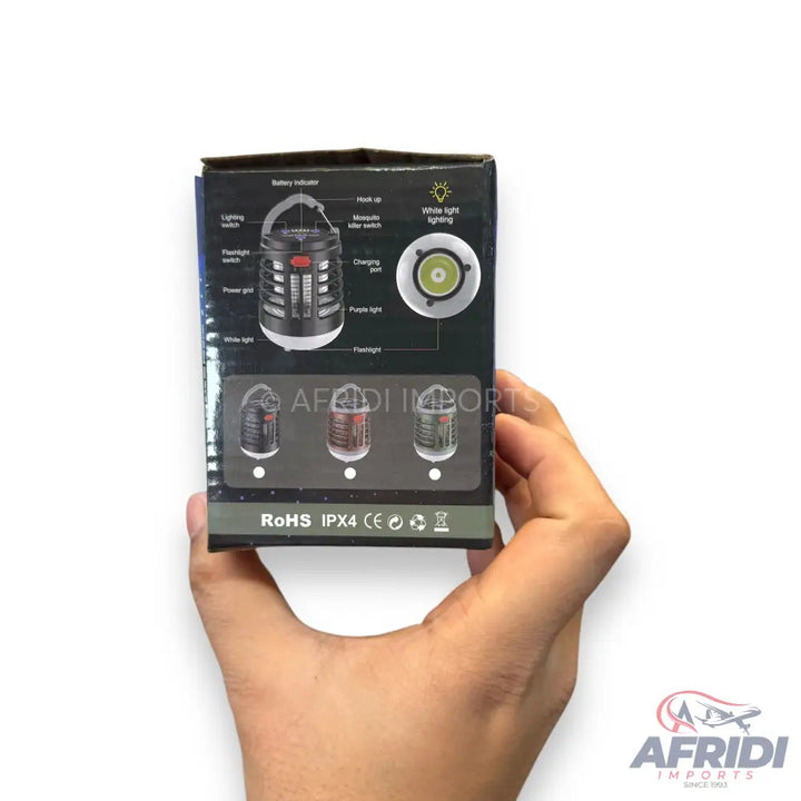 A portable mosquito killer lamp with flashlight functionality, featuring a battery indicator, mosquito killer switch, white light switch, and charging port.